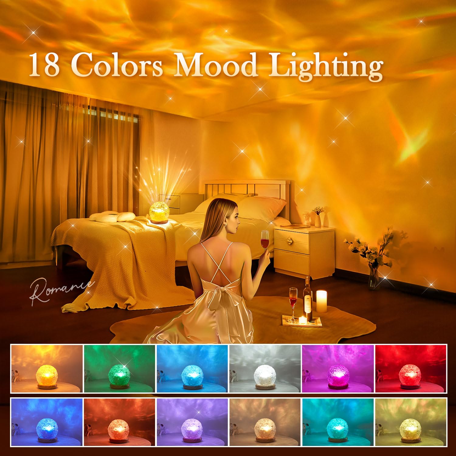 One Fire Crystal Ball Lamp with woodgrain base adds warm ambient glow to decor.