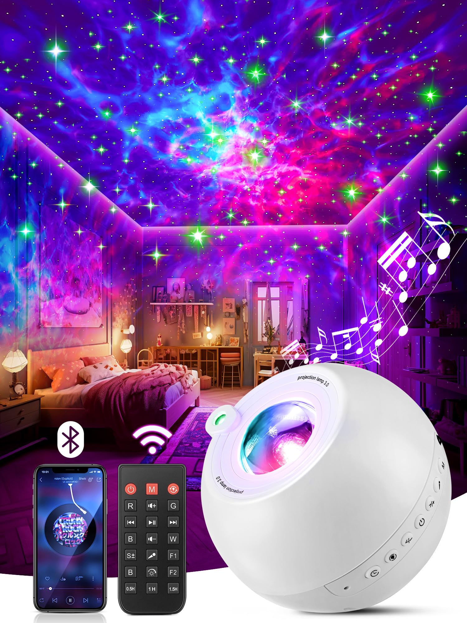 One Fire Galaxy Projector displaying 360° sky glow with 15 colors for relaxing ambience