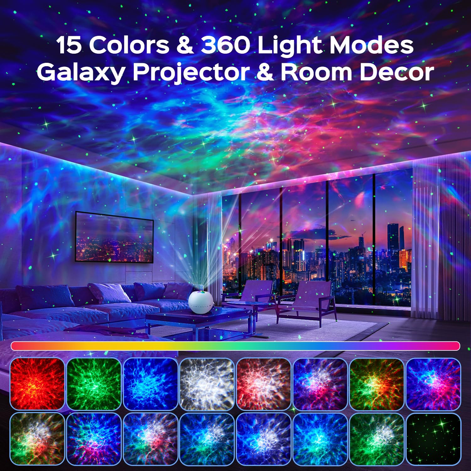 One Fire Galaxy Projector remote showing color and music options
