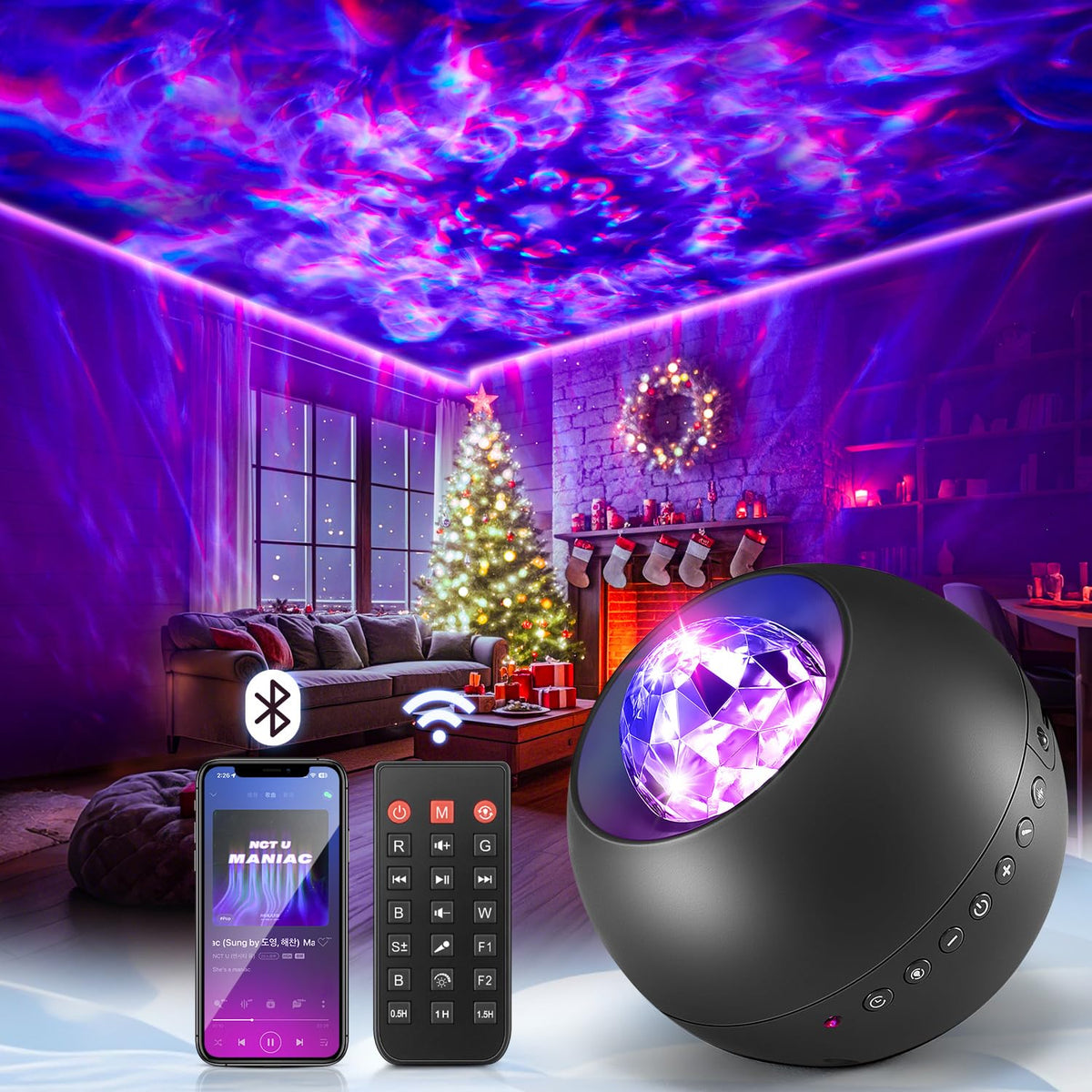 One Fire Galaxy Projector front view casts a vivid night sky for the bedroom.