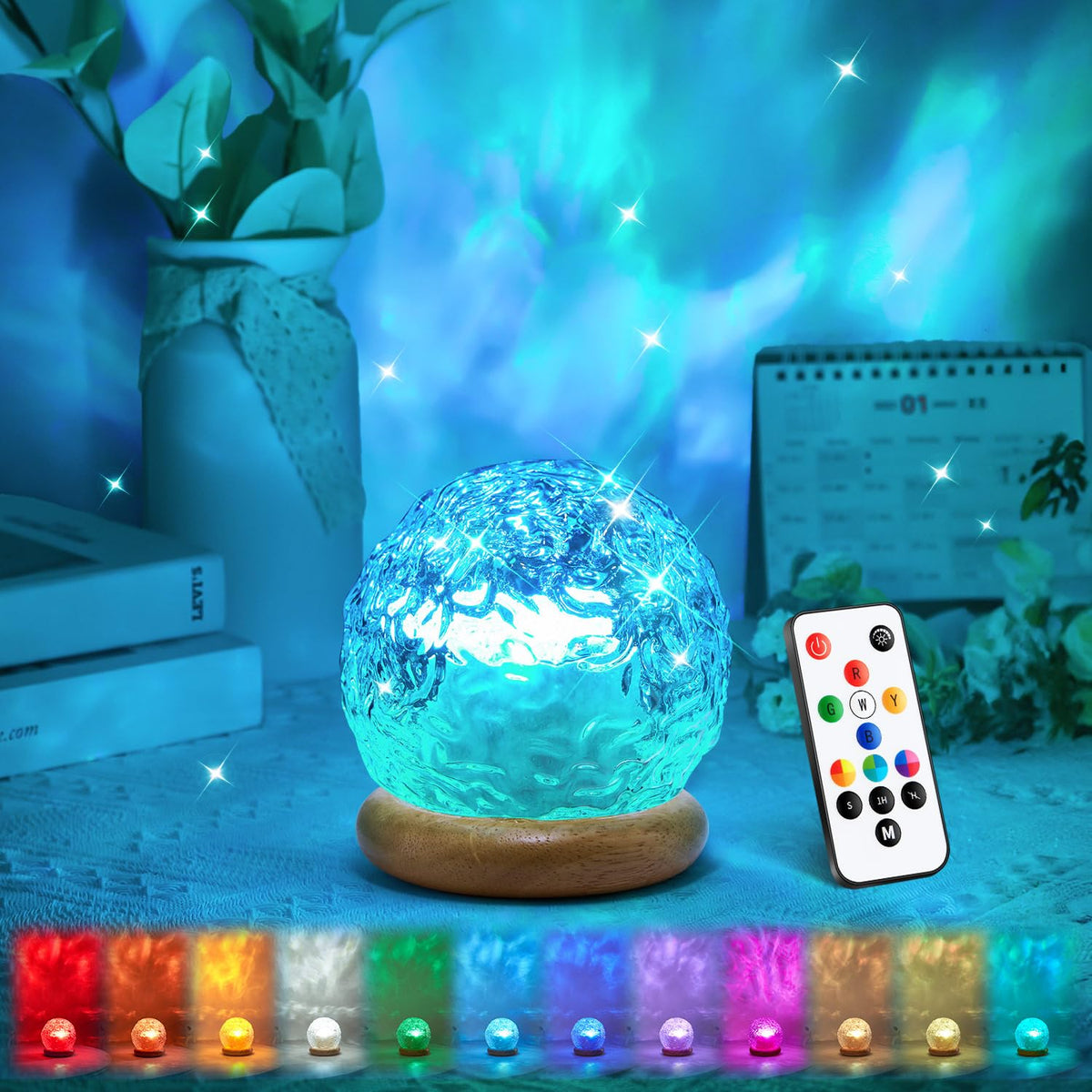 One Fire Northern Lights projector casts calming RGB colors on the ceiling for mood lighting.