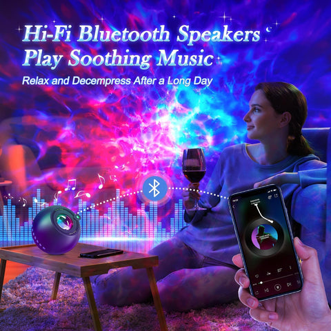 One Fire Upgrade Star Projector’s Bluetooth Speaker fills the room with calming tunes.