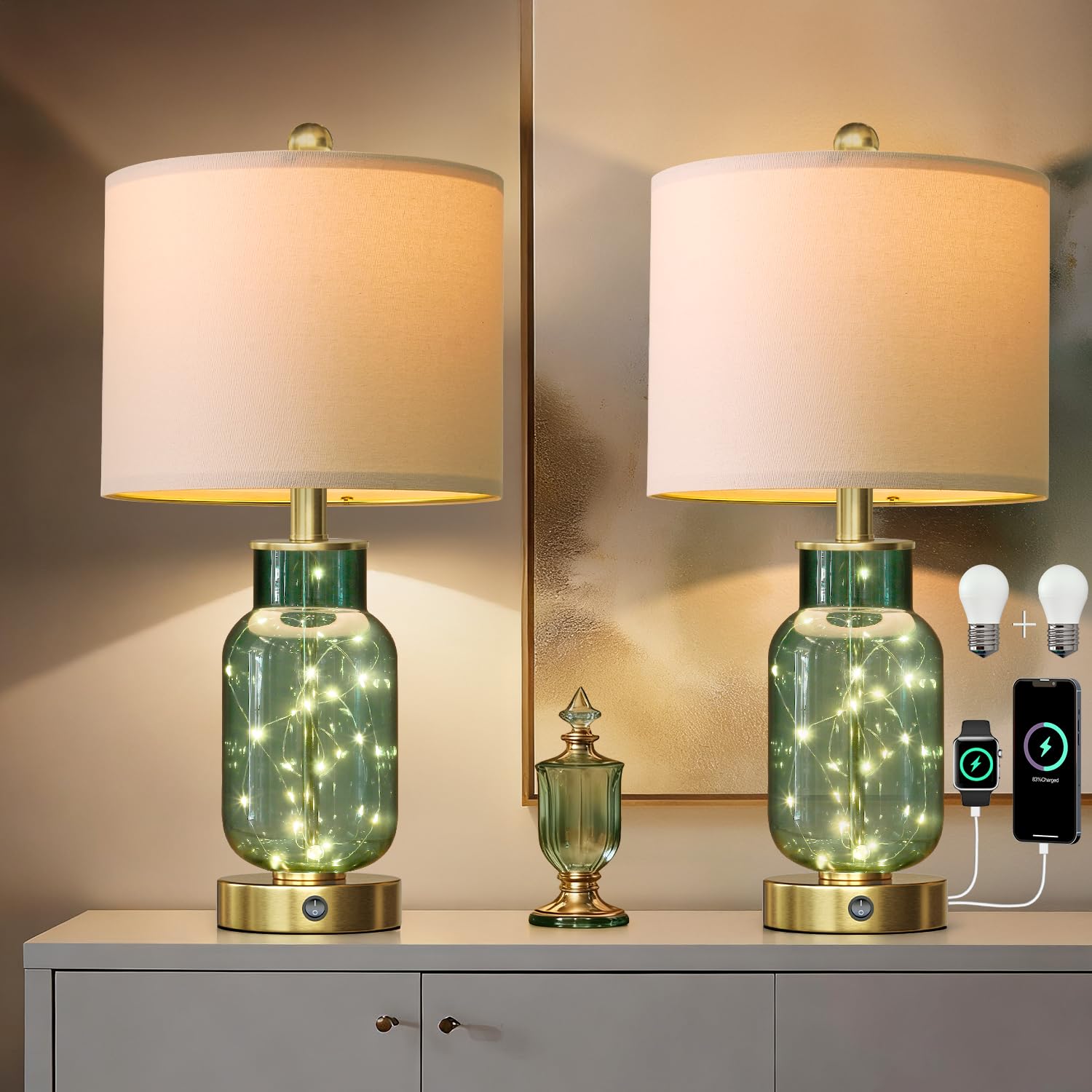 Oneach 22in glass table lamps in green for elegant ambient lighting.