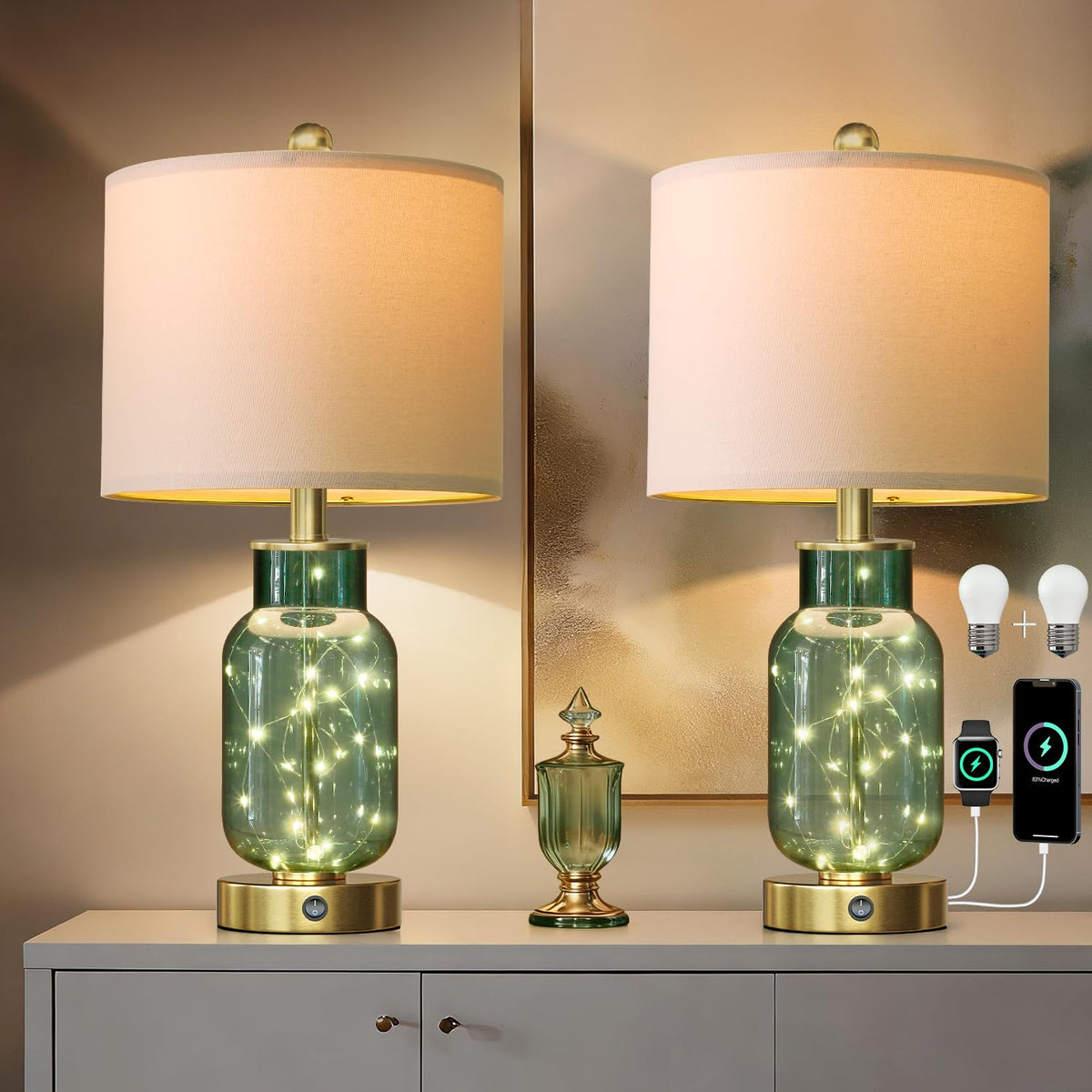 Oneach 22in glass table lamps in green for elegant ambient lighting.