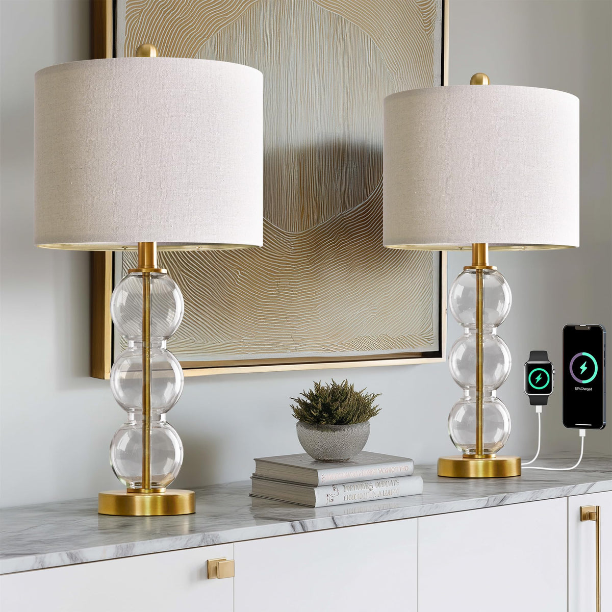 Oneach 25-inch glass table lamp with gold base for elegant living spaces.