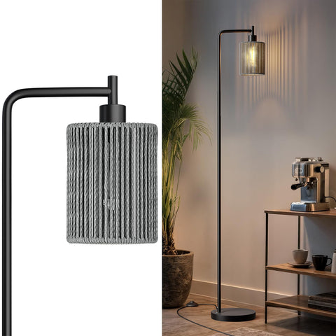 Oneach 66-inch black floor lamp with gray rattan shade brightens a modern living room