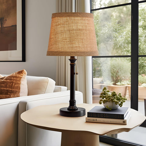 Oneach black table lamp base with fabric shade adds clean bedroom style.