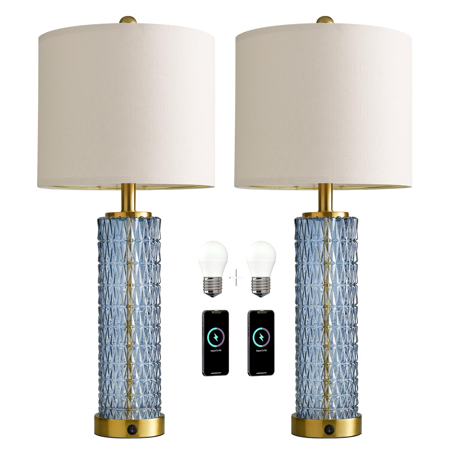 Oneach blue glass bedside lamps illuminate reading corners softly