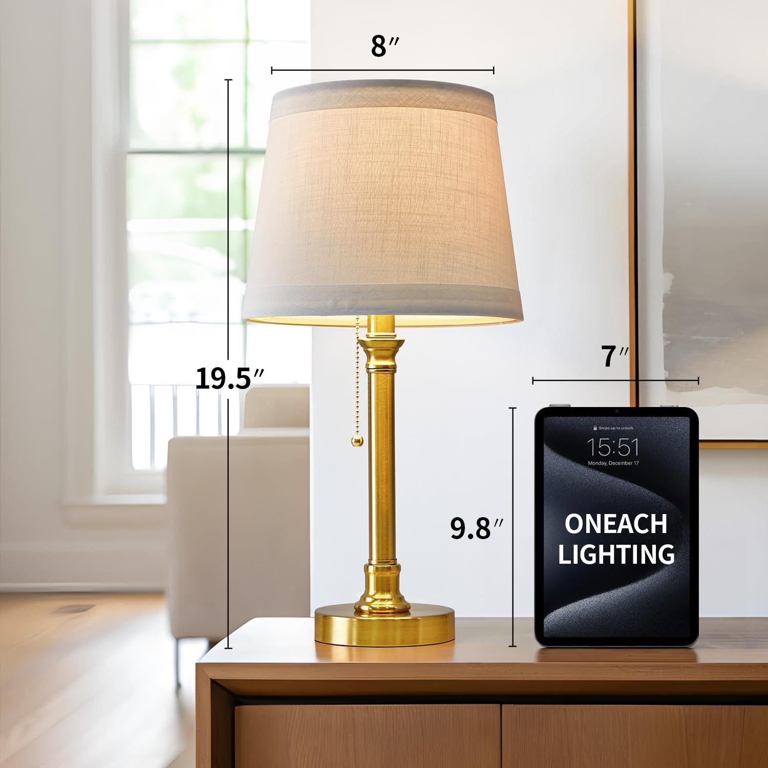 Oneach candlestick style lamps add traditional charm with modern brass finish.
