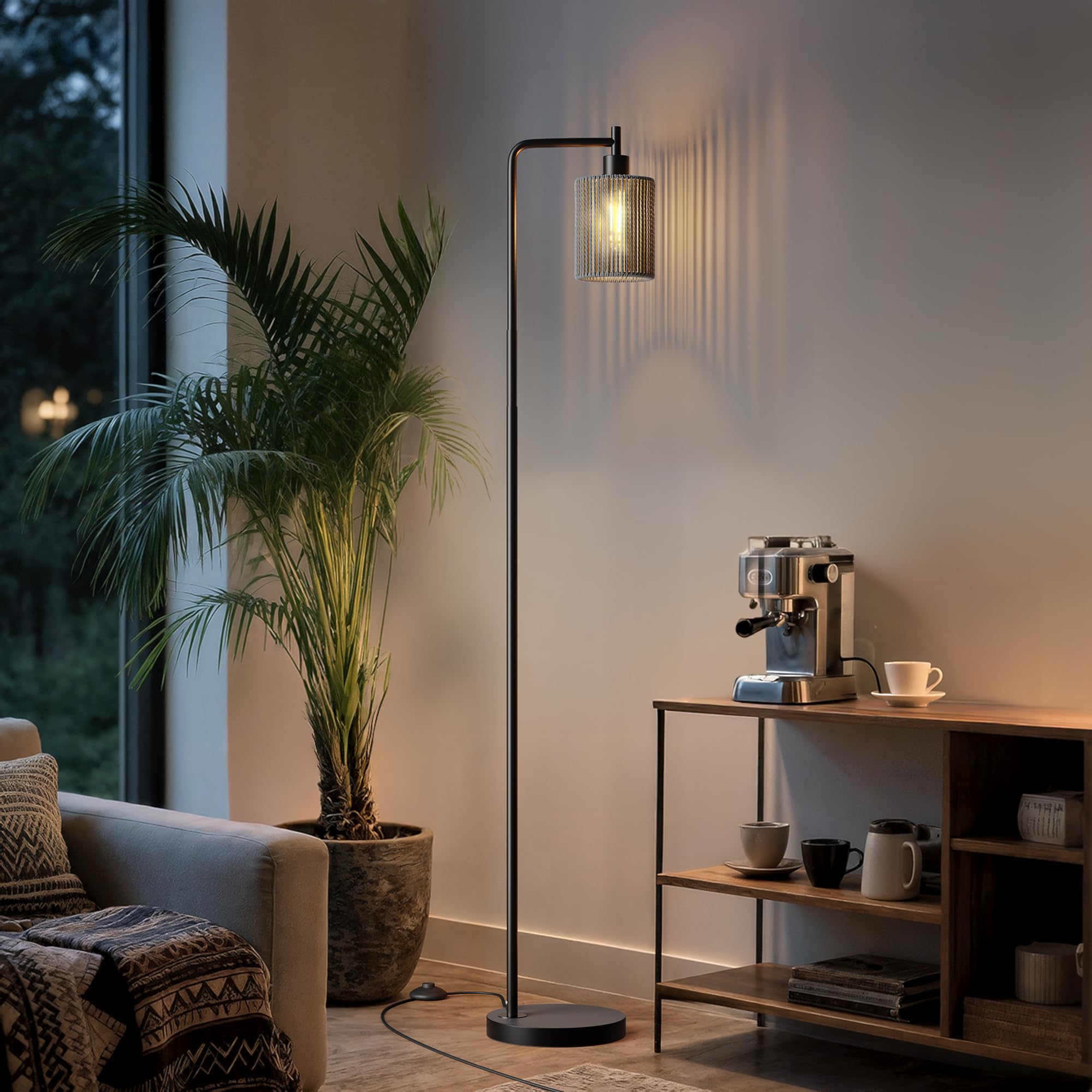 Oneach gray rattan shade on the lamp adds warm ambience to a bedroom