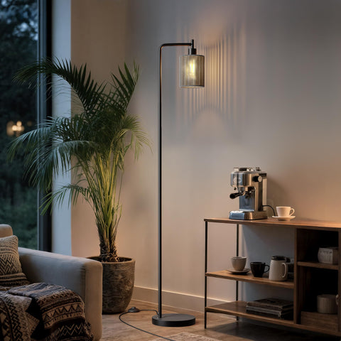 Oneach gray rattan shade on the lamp adds warm ambience to a bedroom