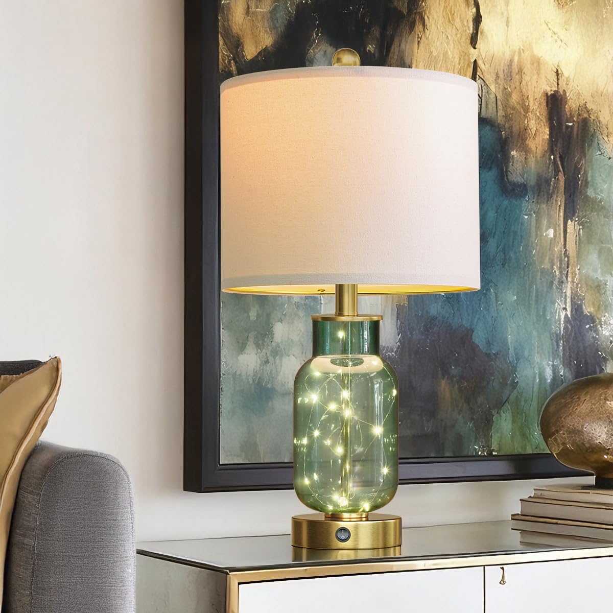 Oneach green glass bedside lamp with night-light feature adds soft glow.