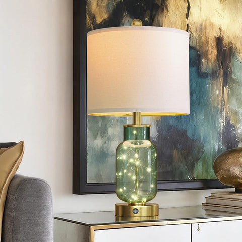 Oneach green glass bedside lamp with night-light feature adds soft glow.