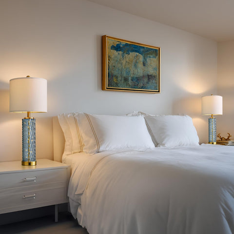 Oneach modern bedroom lamps complement blue decor and glass accents