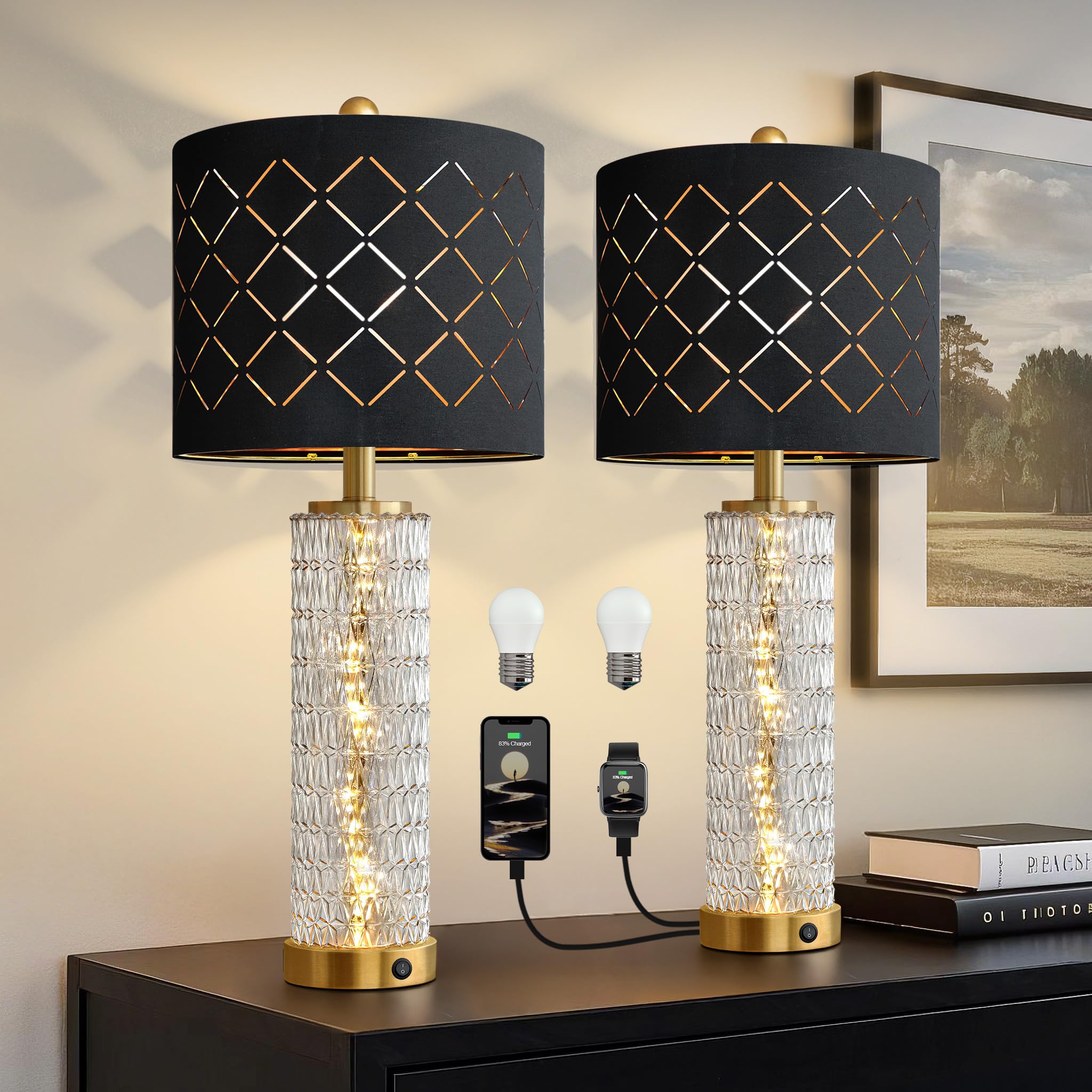 Oneach modern table lamp set enhances bedside decor with a gold finish