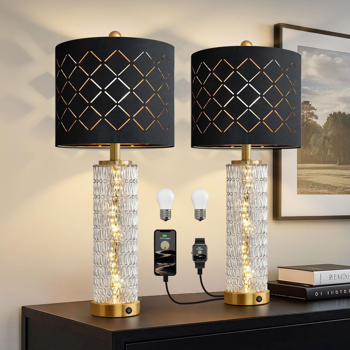 Oneach modern table lamp set enhances bedside decor with a gold finish