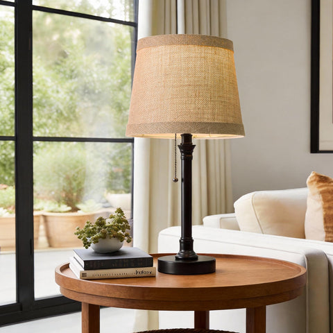 Oneach natural burlap shade close-up showing warm diffusion for cozy spaces.