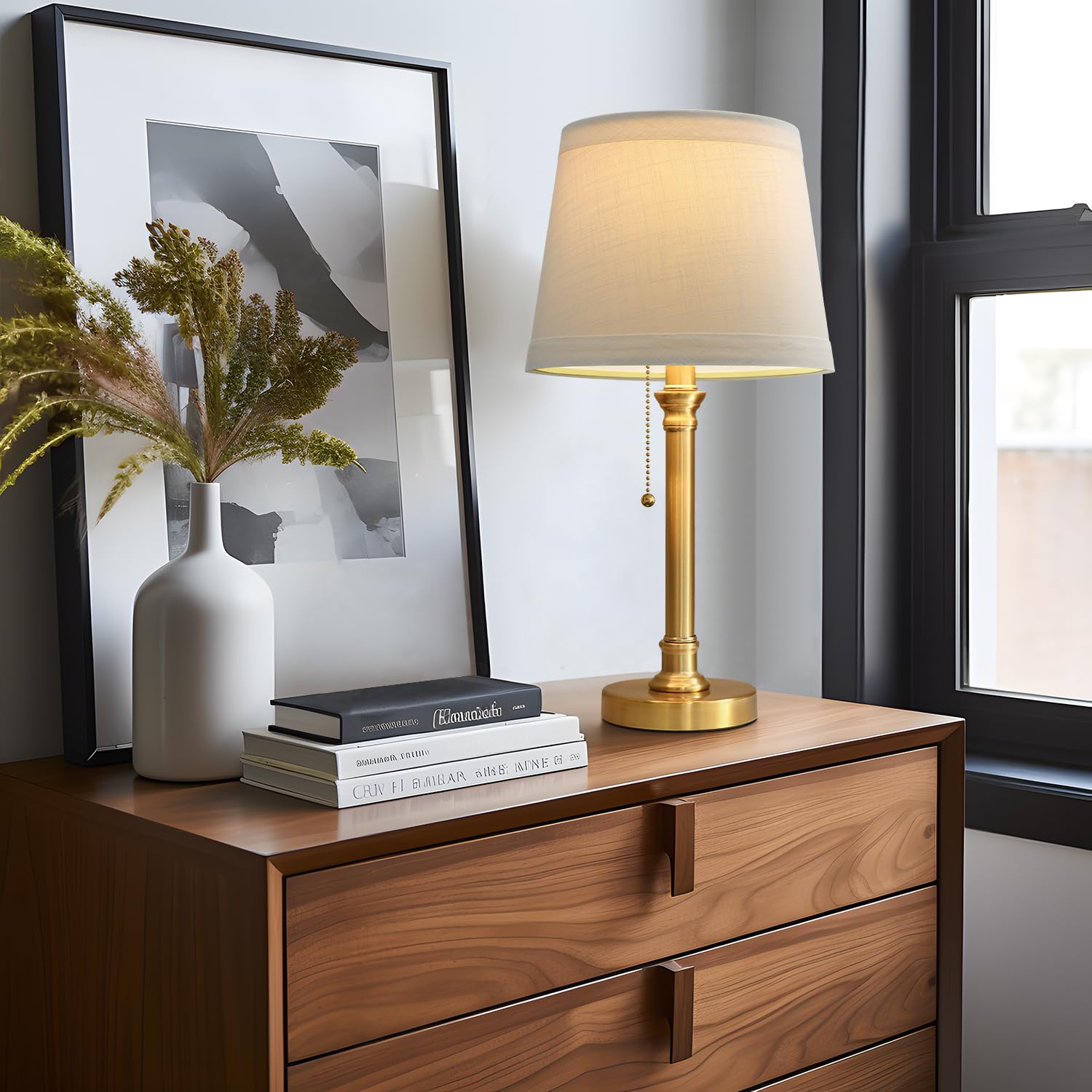 Oneach pull-chain bedside lamp offers convenient on off at reach.