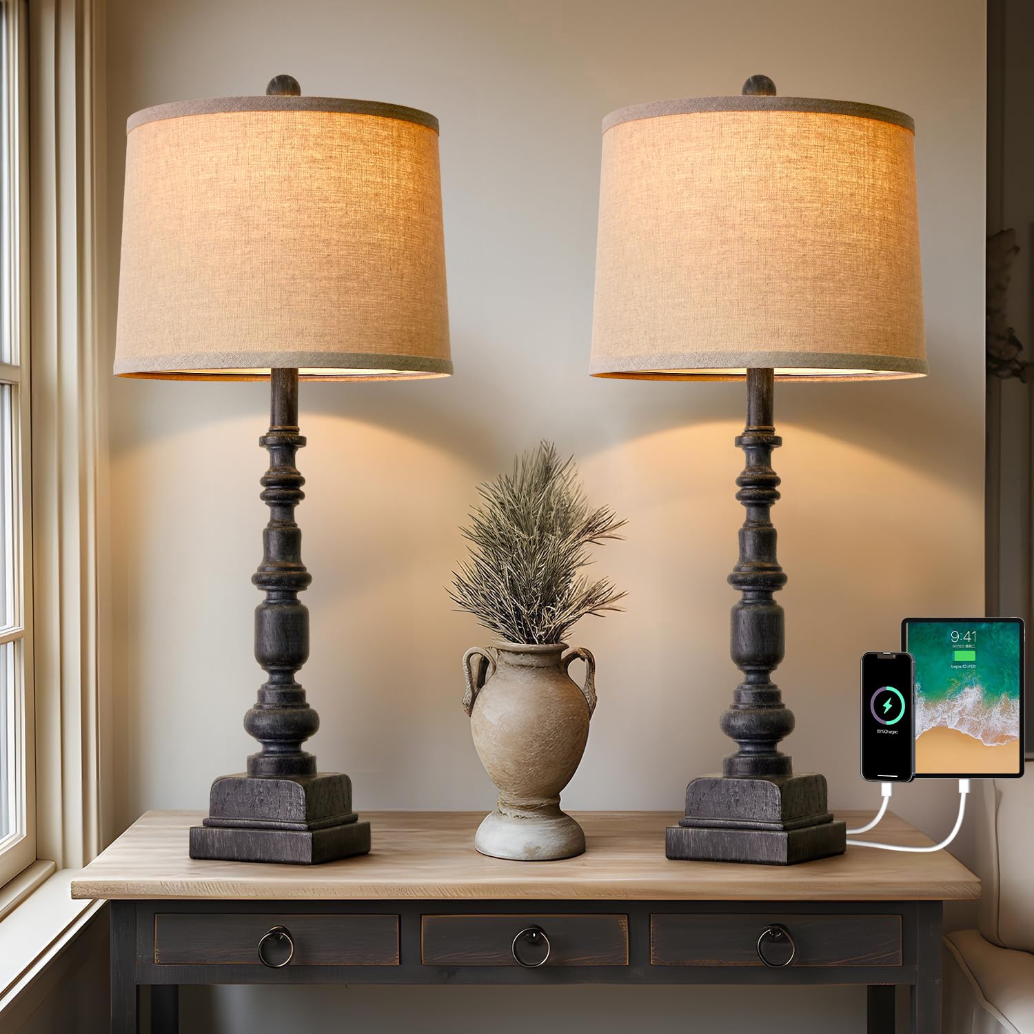 Oneach vintage farmhouse lamp pair in antique black for living room and bedroom spaces
