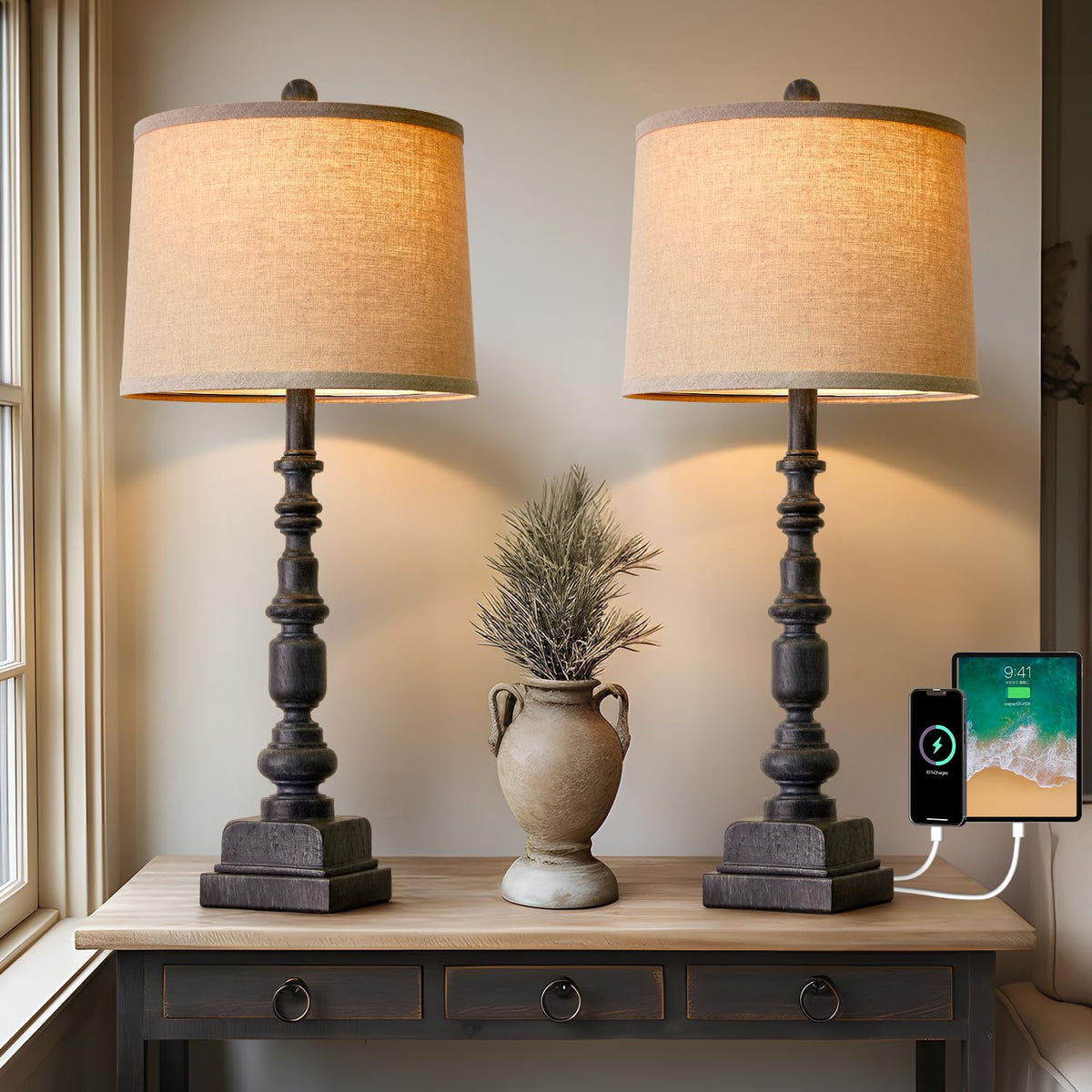 Oneach vintage farmhouse lamp pair in antique black for living room and bedroom spaces