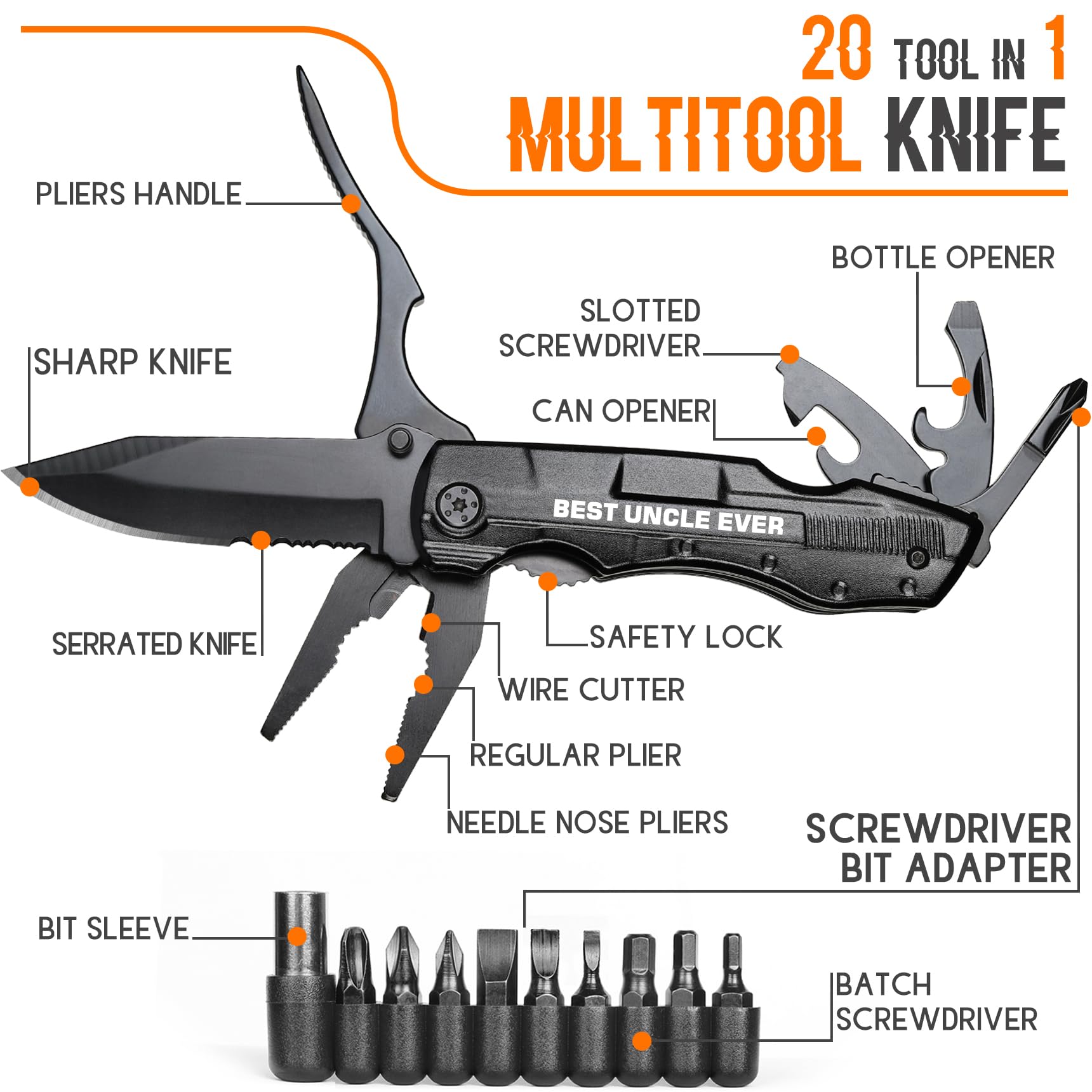 ONEAGE Best Uncle Ever multitool blade open with locking mechanism in use outdoors