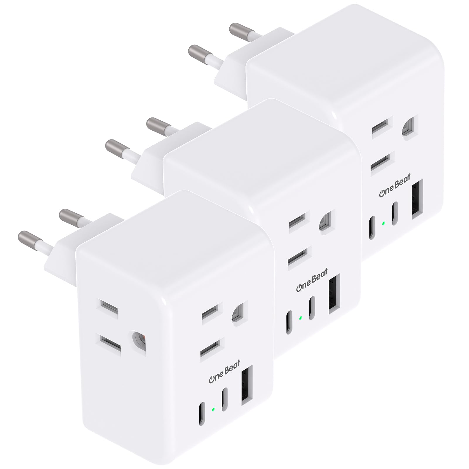 One Beat 6in1 European travel adapter compact and versatile for multi-device charging.