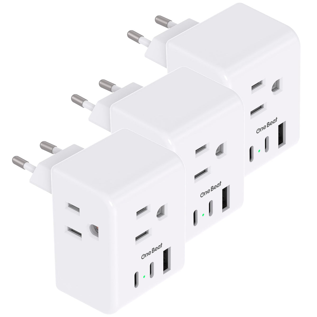 One Beat 6in1 European travel adapter compact and versatile for multi-device charging.