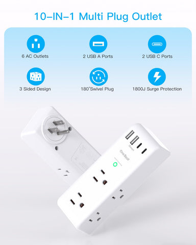 One Beat six-ac-outlets-three-sided-design keeps big plugs from crowding each other for easy access.
