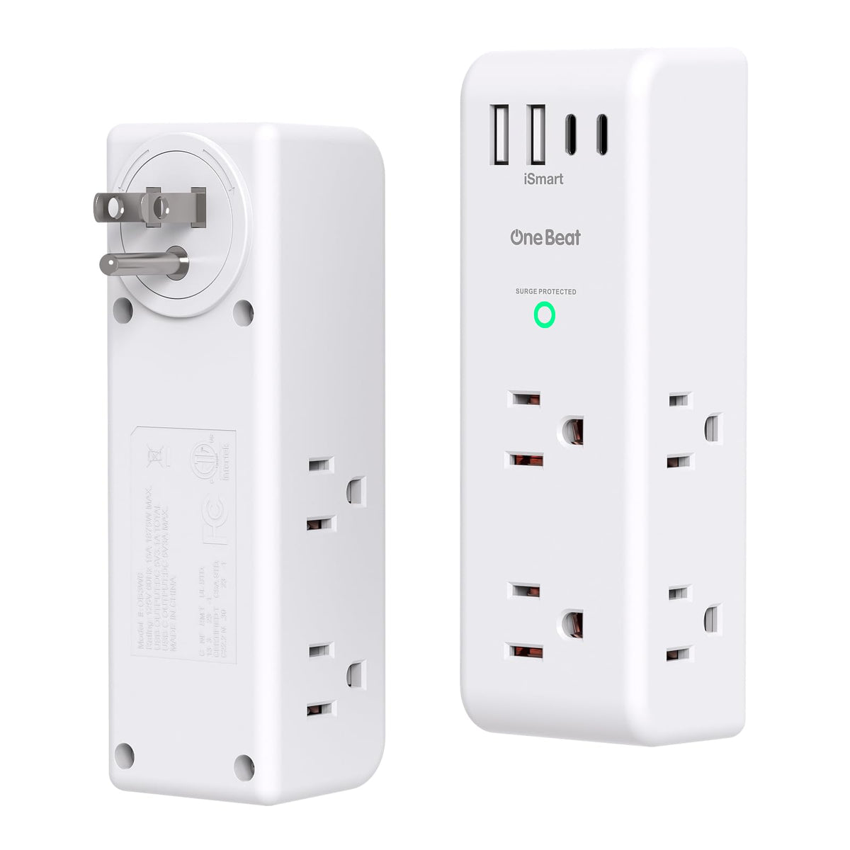One Beat surge protector outlet extender with rotating plug safeguards devices during daily dorm or office use.