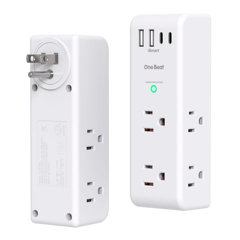 One Beat surge protector outlet extender with rotating plug safeguards devices during daily dorm or office use.