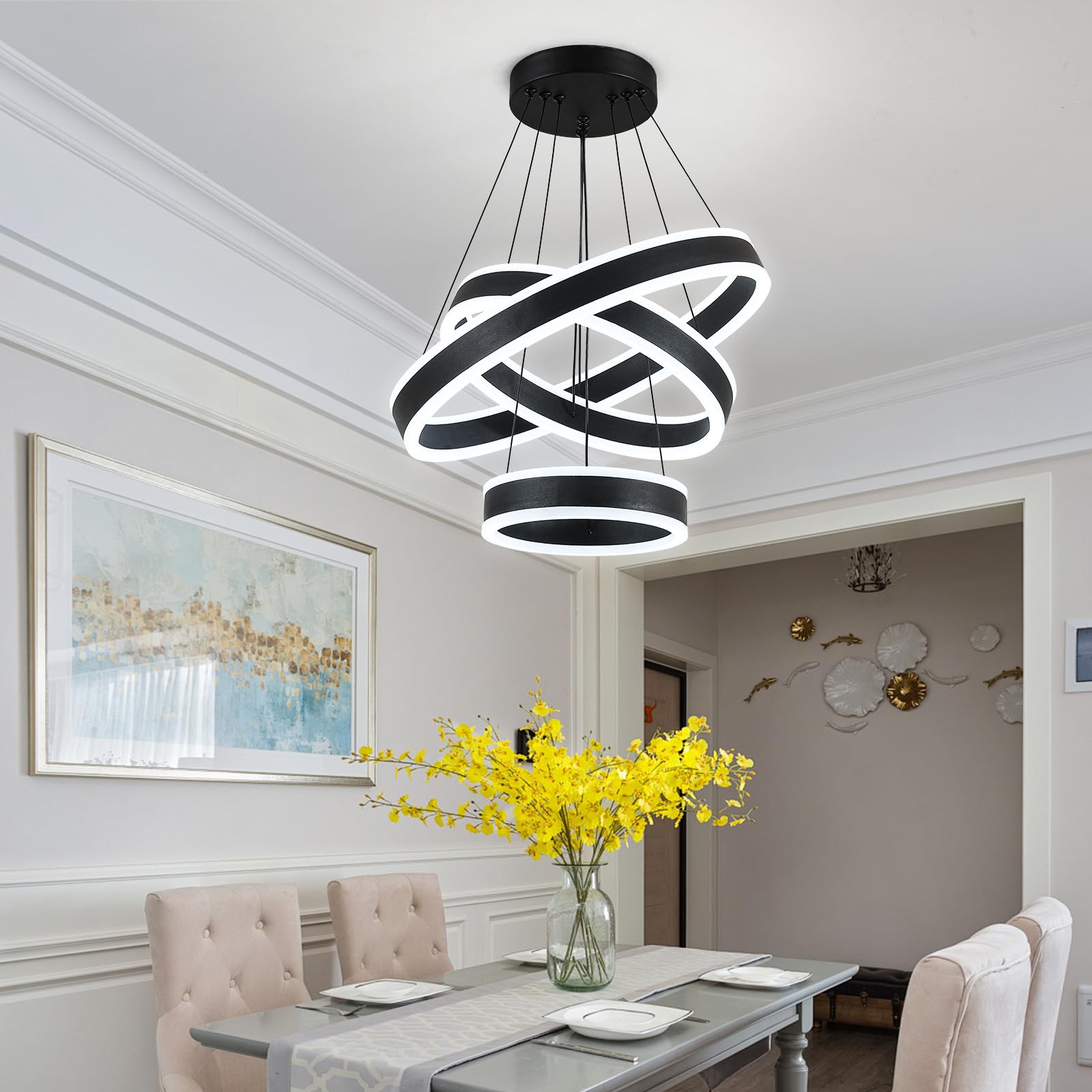 O'NEELDY black metal acrylic chandelier close up highlights durable finish