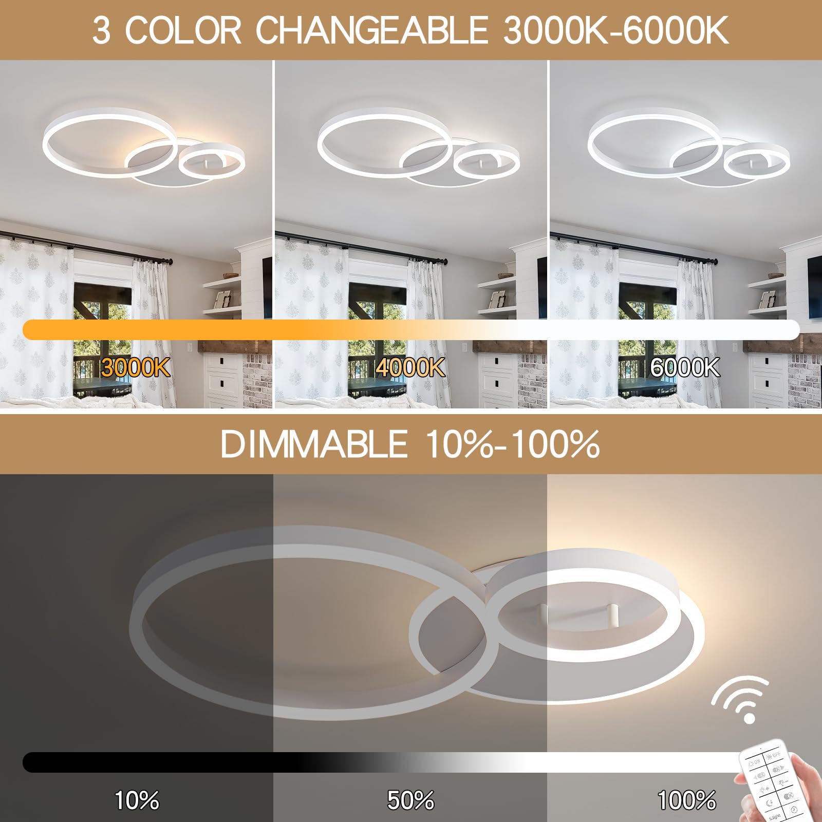 O'NEELDY remote-controlled ceiling light allows brightness adjustment from sofa or bed.