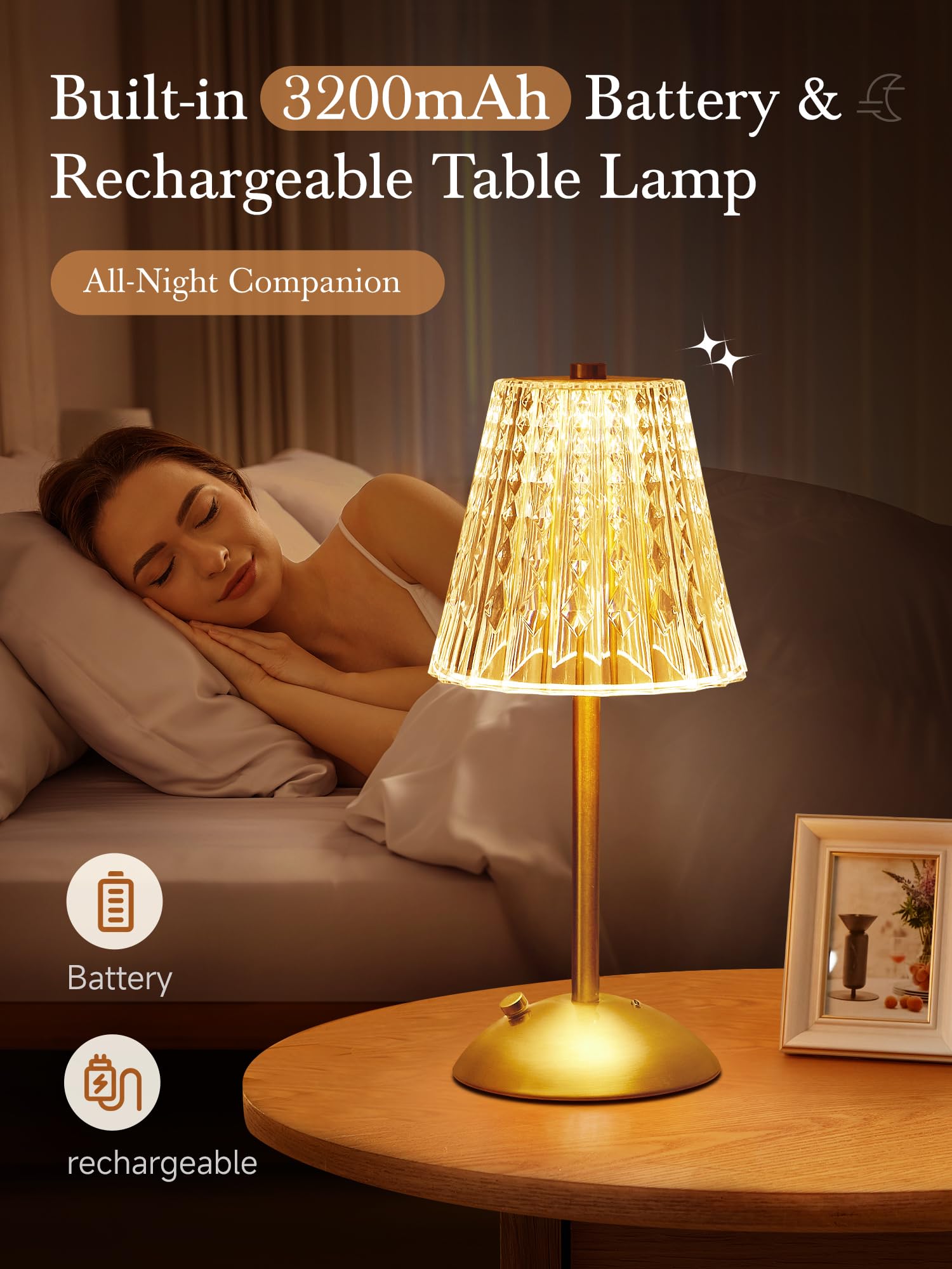 One Fire crystal lamp with dimmable touch control for customizable brightness