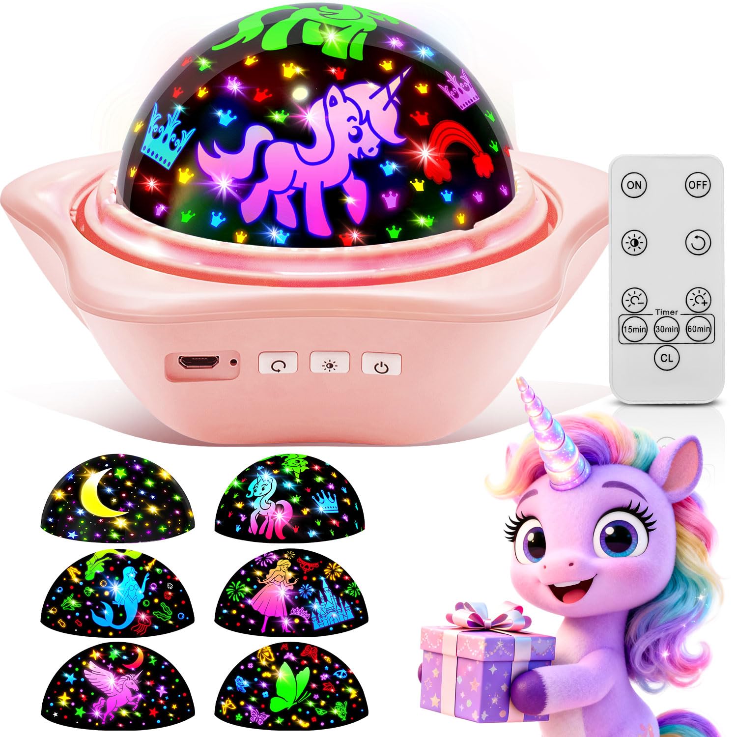 One Fire Unicorn Night Light projects six slides to spark bedtime imagination.