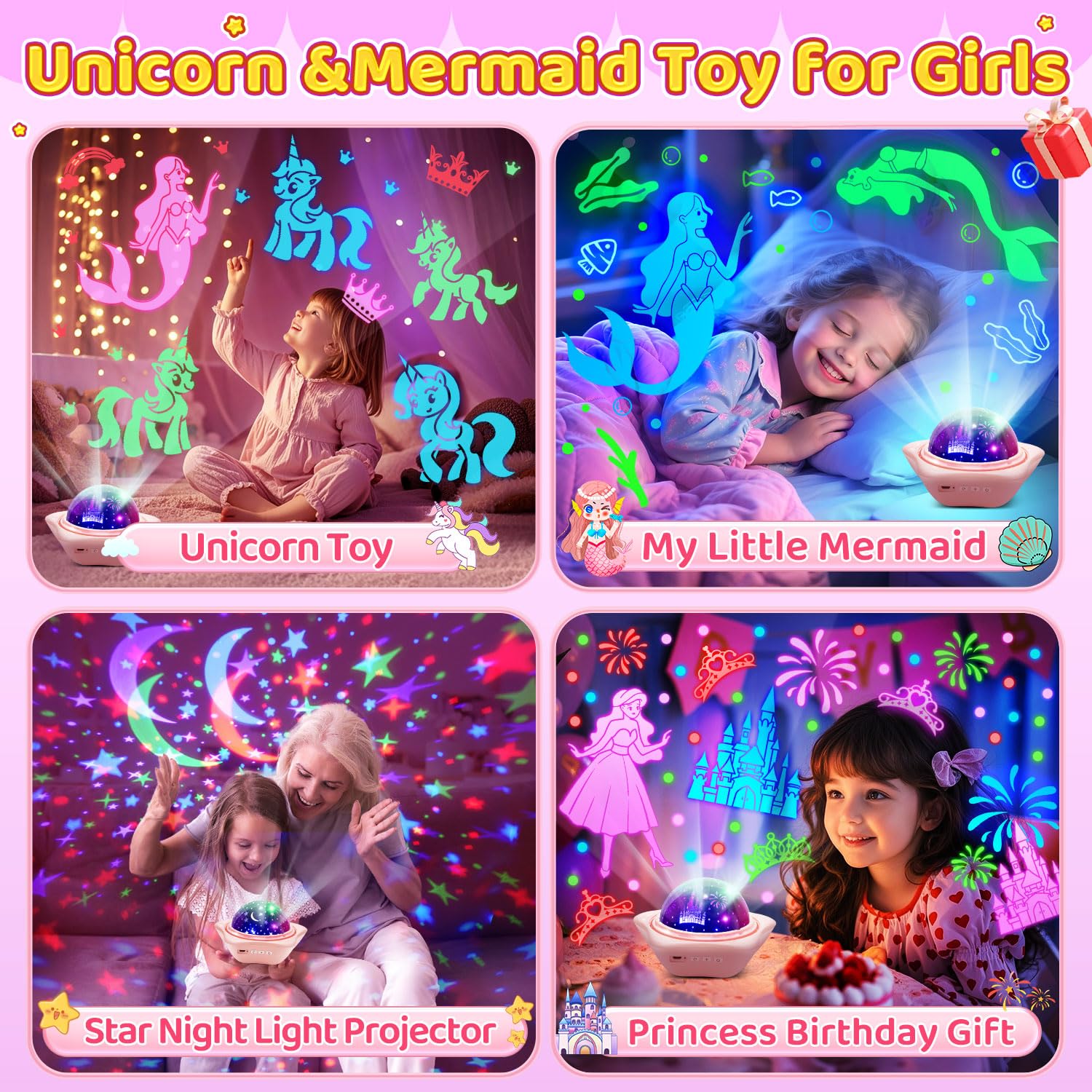 One Fire Unicorn Night Light offers 96 projection options for varied room visuals.