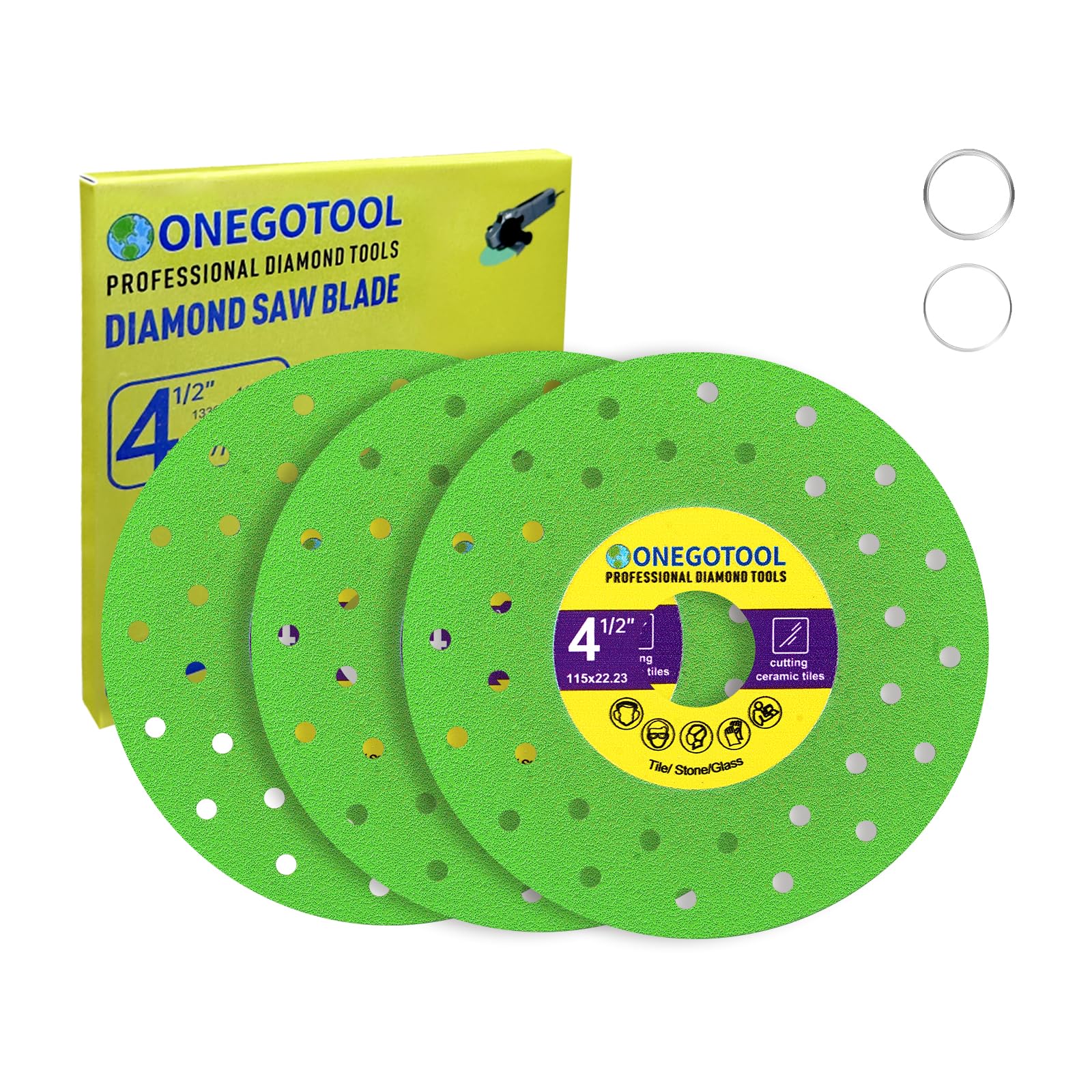 ONEGOTOOL 4-1/2 inch diamond tile blade close-up on porcelain for clean cuts.