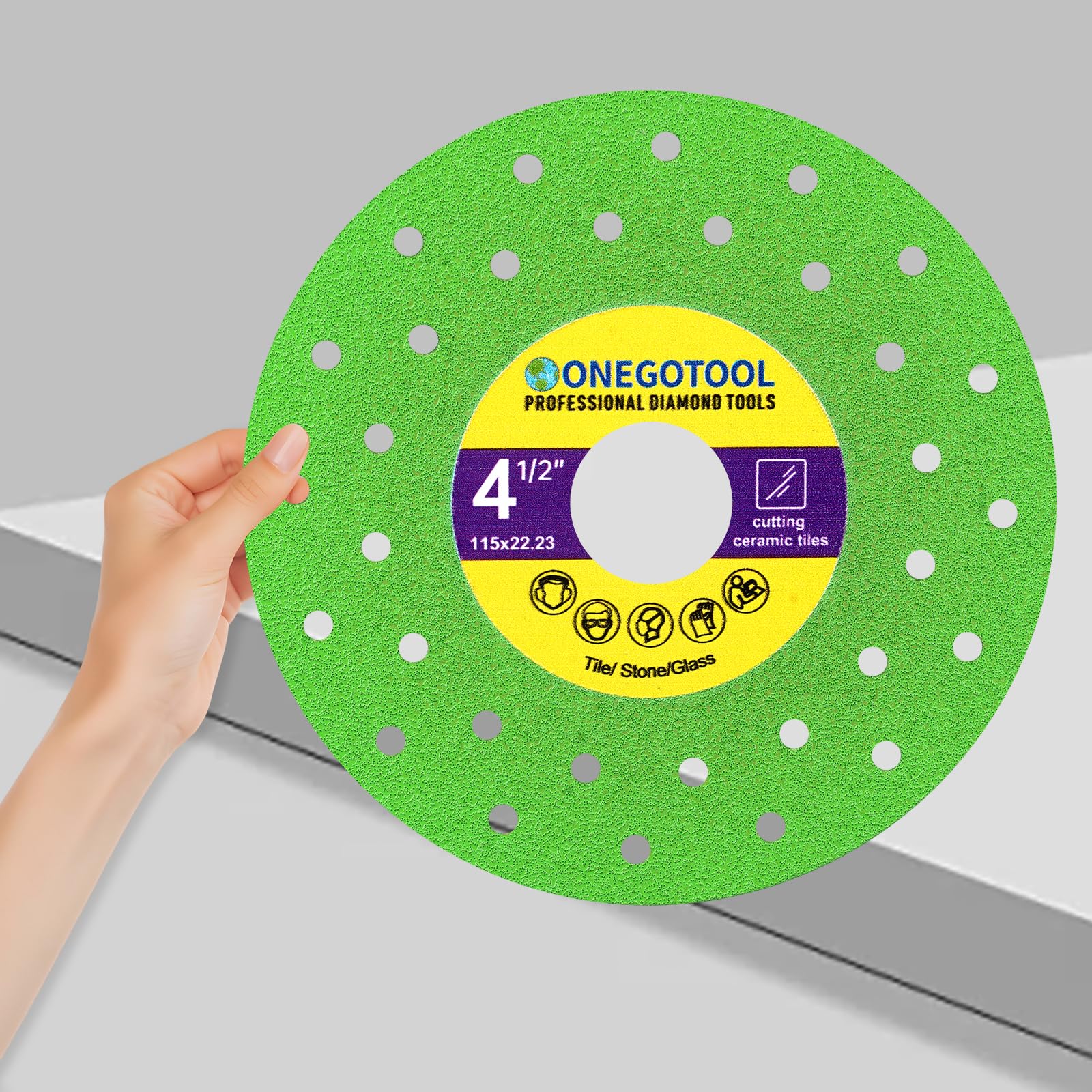 ONEGOTOOL 4-1/2 inch blade used on glass for precise trimming.