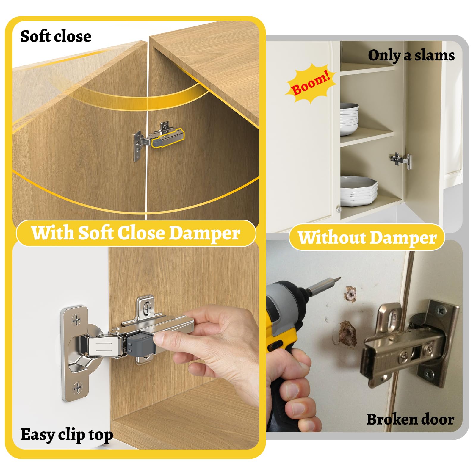 Onemake damper for full-overlay hinges improves daily cabinet closure and reduces noise.