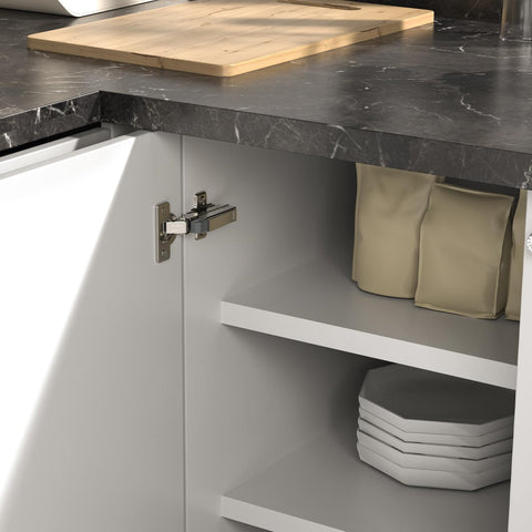 Onemake soft-close mechanism protects cabinet surfaces by easing door contact.