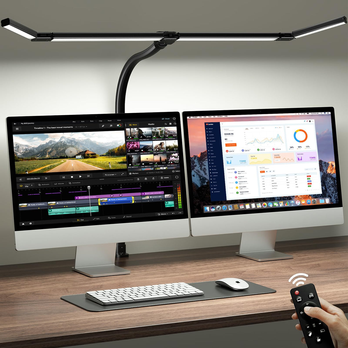 ONEMIX 42-inch desk lamp with clamp brightens dual-monitor setups for productivity.