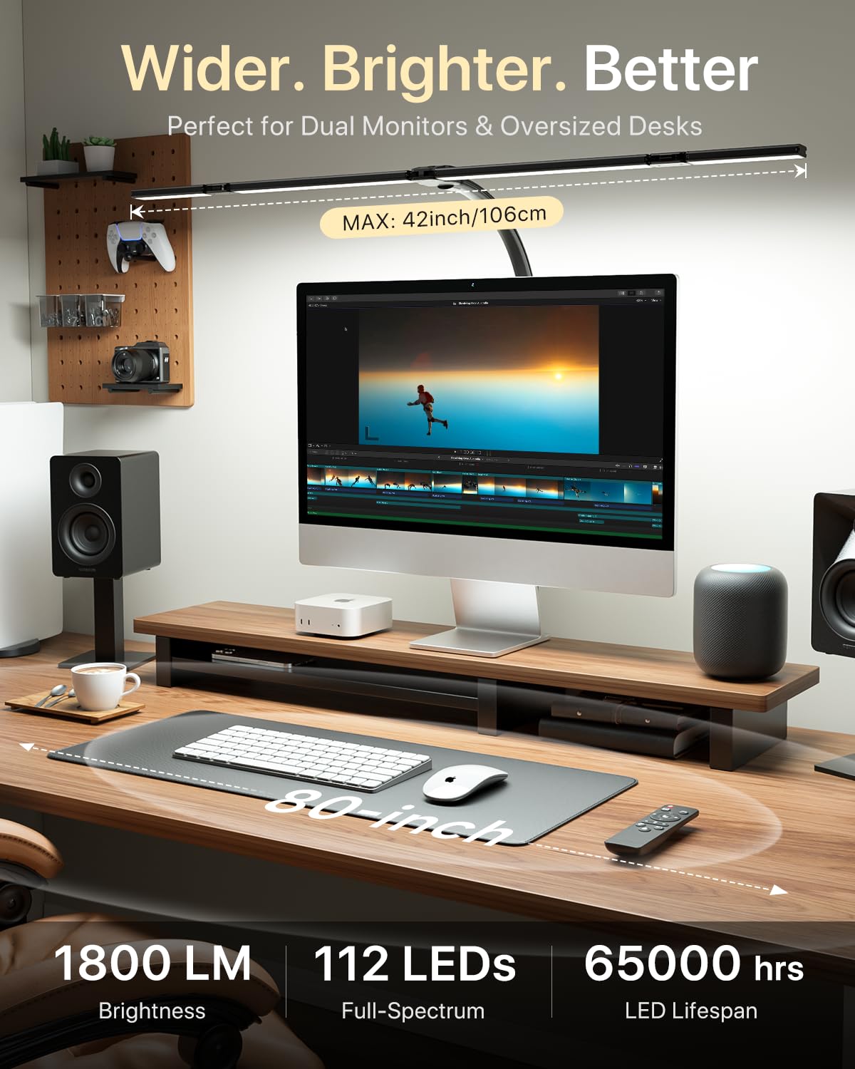 1800 lumens deliver even coverage across a wide workspace.