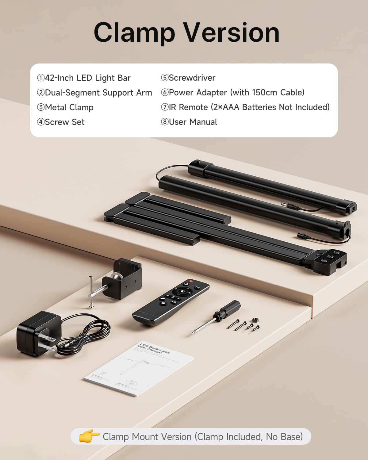 Clamp securely fits desks up to 2.75 inches thick without surface damage.