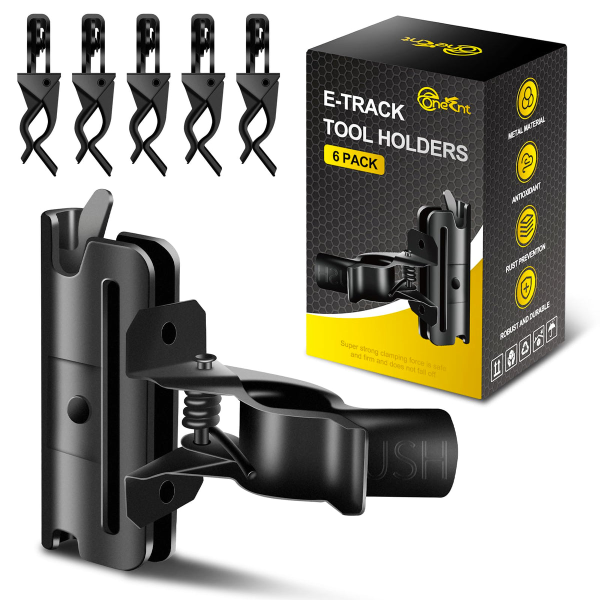 Onesnt 6-pack E-track holders organize trailer tools for quick access.