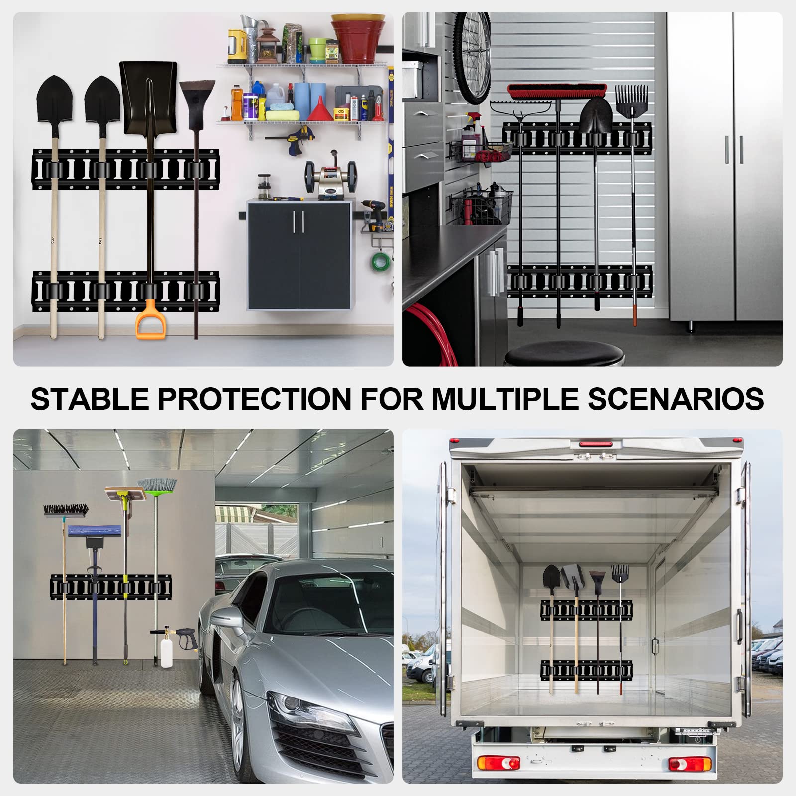 Onesnt rake, shovel, broom holders mounted on trailer for easy access.