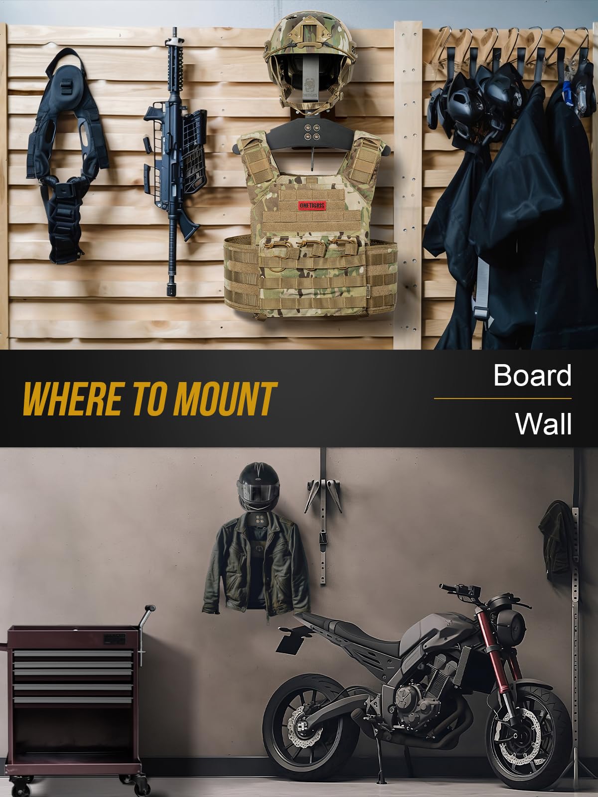 ONETIGRIS-multi-gear-wall-organizer adapts to equipment and saves floor space.