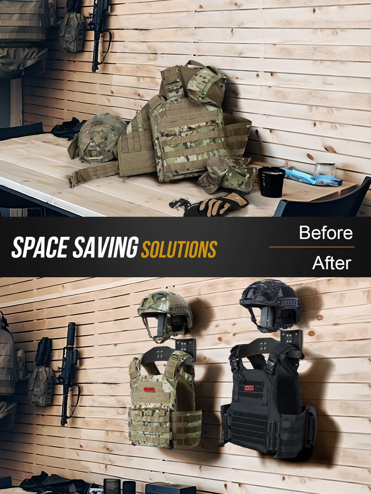 ONETIGRIS tactical-gear-wall-rack organizes helmets, vests, and belts for quick access.