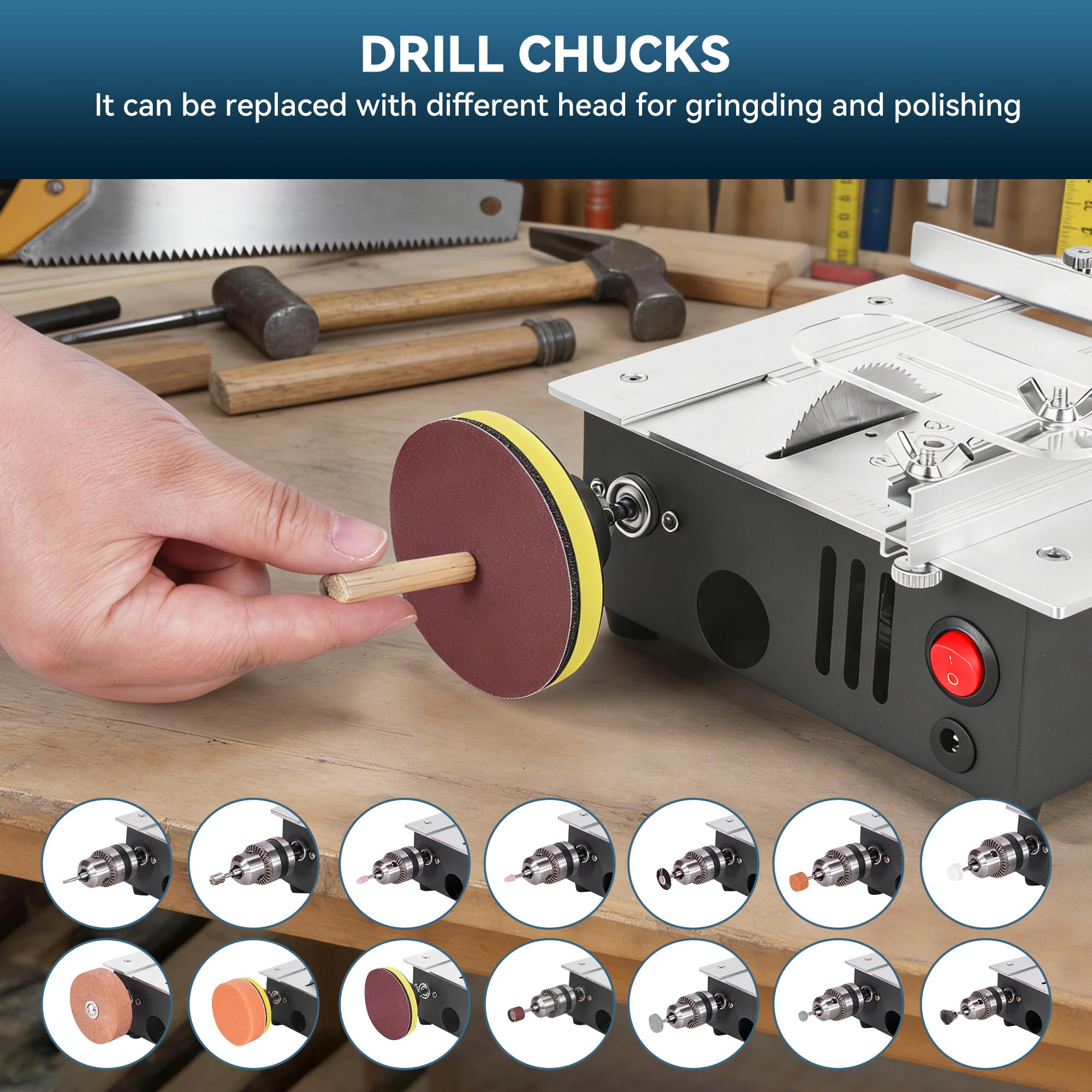 ONEVAN external dust collection tube attached to the mini table saw for easy cleanup.