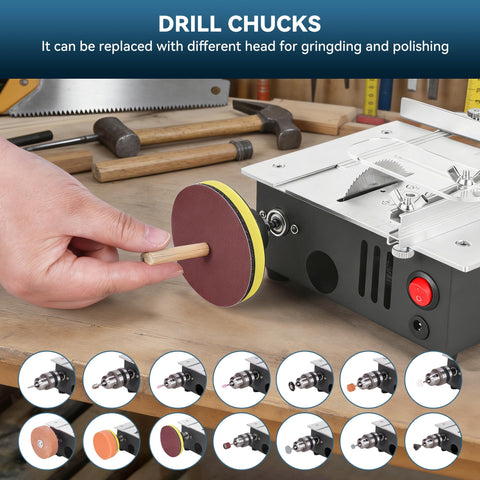 ONEVAN external dust collection tube attached to the mini table saw for easy cleanup.
