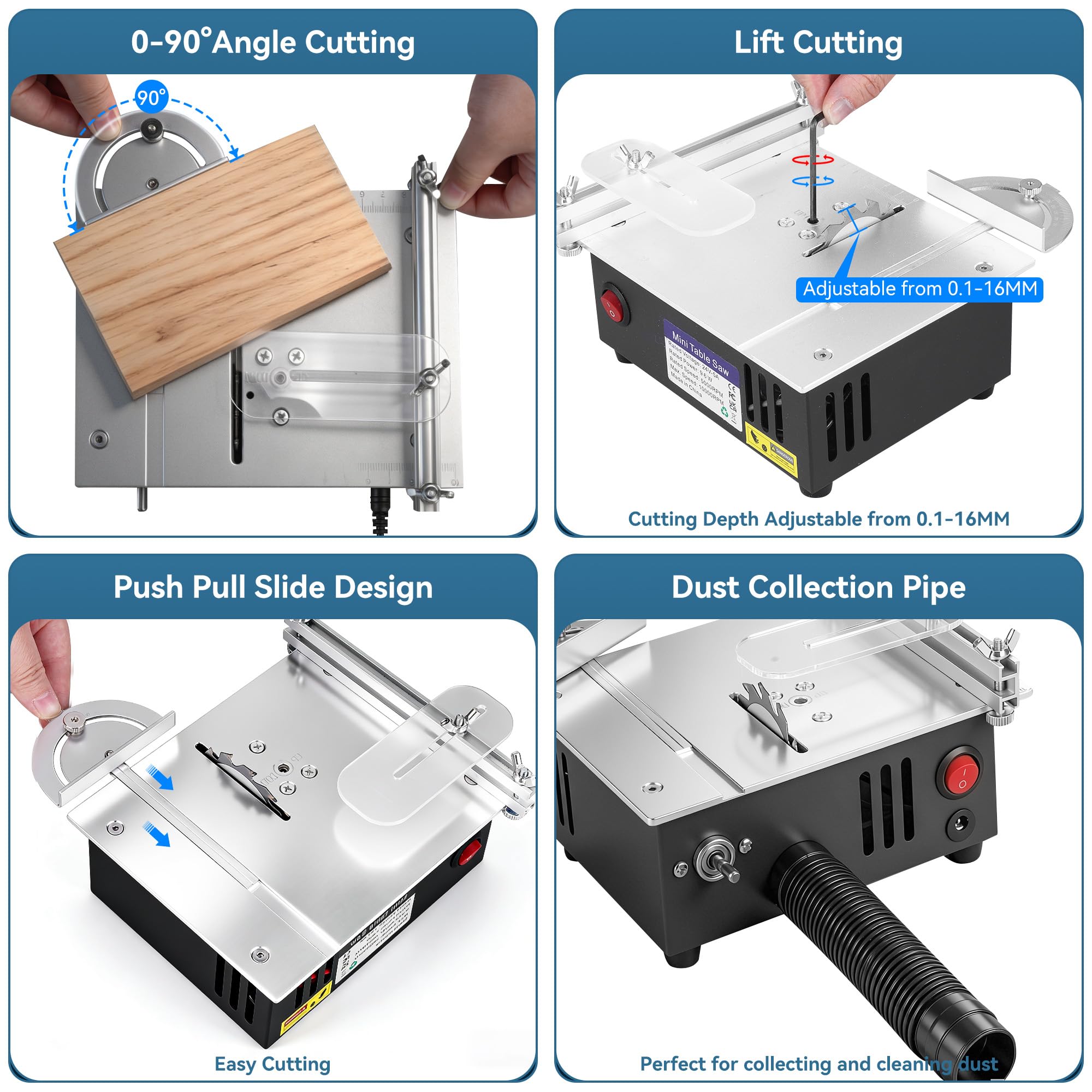 ONEVAN mini table saw on shock-absorbing feet reducing vibration for steadier cuts.
