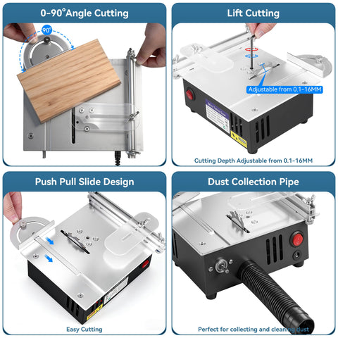ONEVAN mini table saw on shock-absorbing feet reducing vibration for steadier cuts.